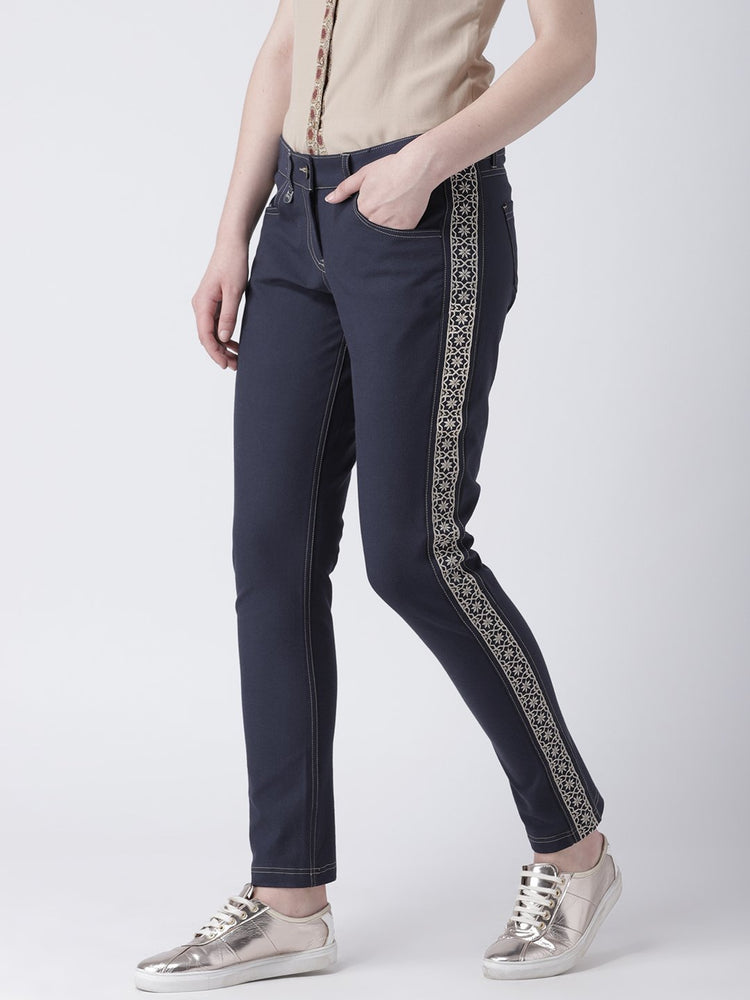 Women Navy Blue Slim Fit Solid Casual Trousers - JUMP USA