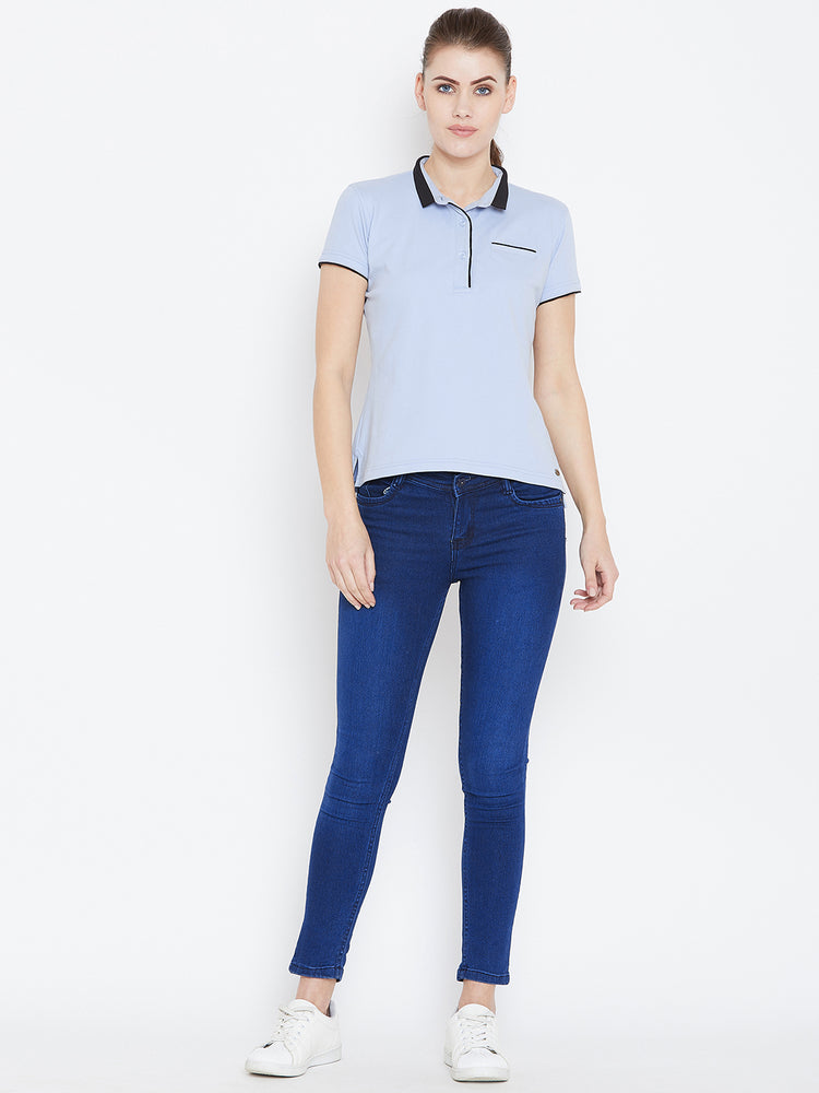 Women Blue Solid Casual Polo T-shirts - JUMP USA