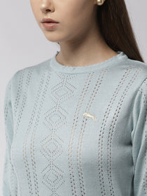 Women Solid Blue Pullover - JUMP USA