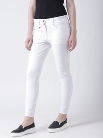 Women White Slim Fit Solid Casual Trousers - JUMP USA