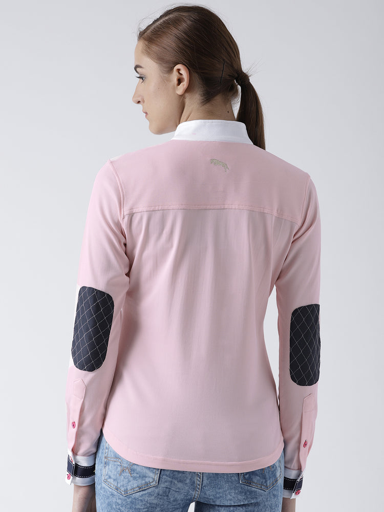 Women Solid Pink Polo T-Shirt - JUMP USA