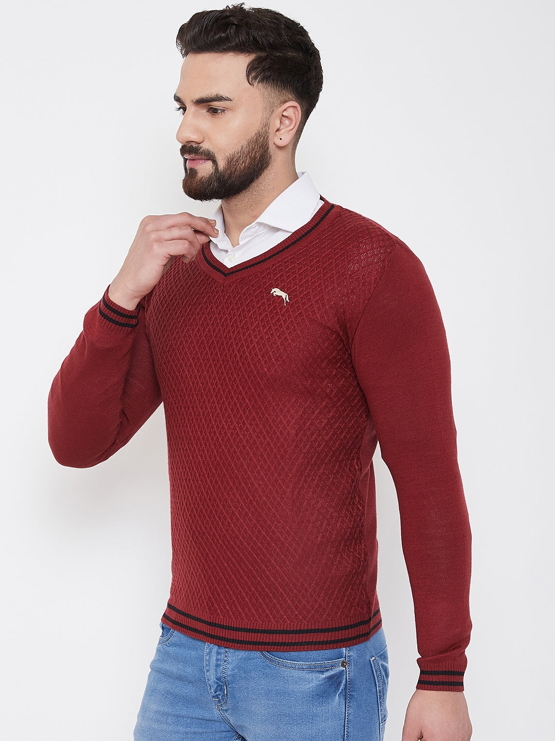 JUMP USA Men Red Self Design Sweater - JUMP USA