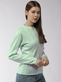 Women Solid Teal Pullover - JUMP USA