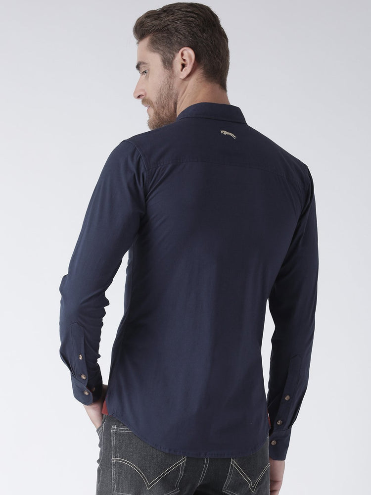 Men Navy Blue Solid Cotton Regular Fit Shirt - JUMP USA