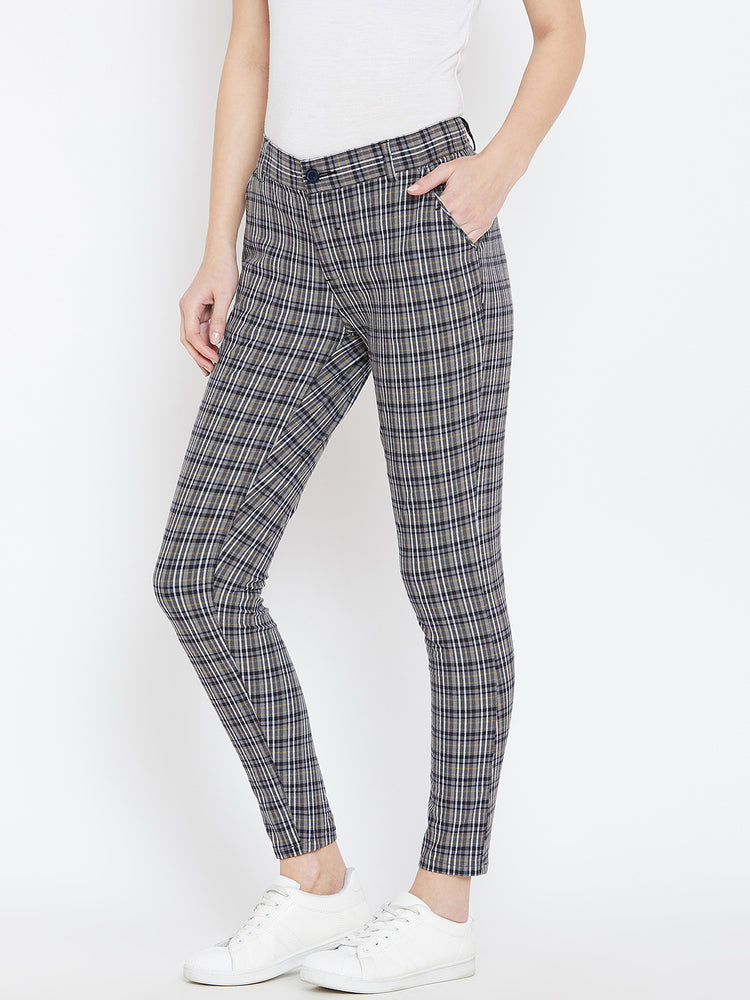 Women Grey Checked Casual Trousers - JUMP USA