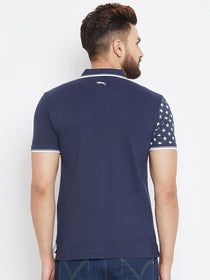 Men Navy Blue Casual Polo Collar T-shirt - JUMP USA