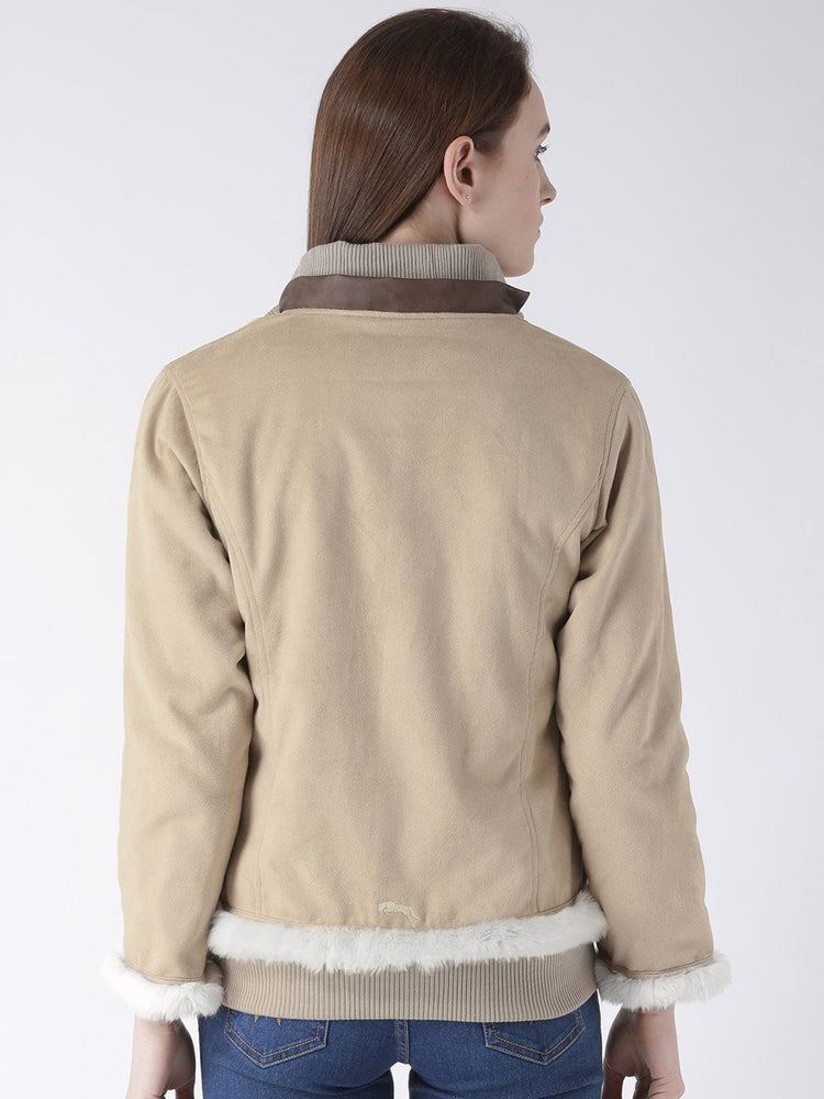 Women Polyster Casual Long Sleeve  Beige Winter Jacket - JUMP USA (1568777895978)