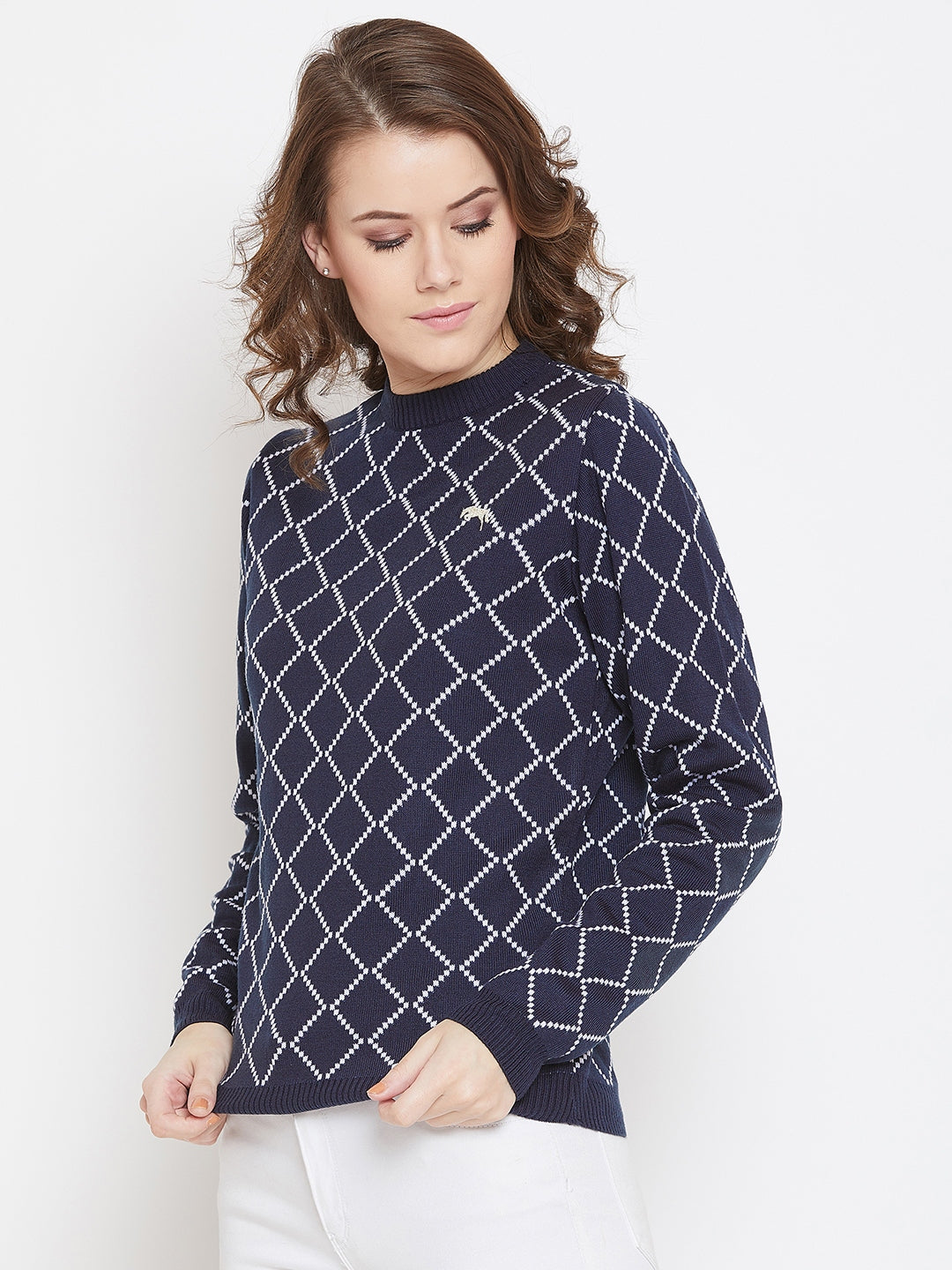 JUMP USA Women Navy Blue & White Acrylic Checked Sweater - JUMP USA