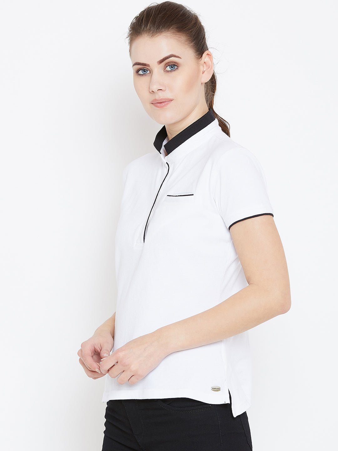 Women White Solid Casual Polo T-shirts - JUMP USA