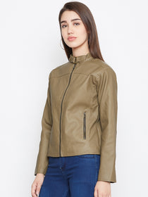 JUMP USA Women Khaki Solid Biker Jacket - JUMP USA