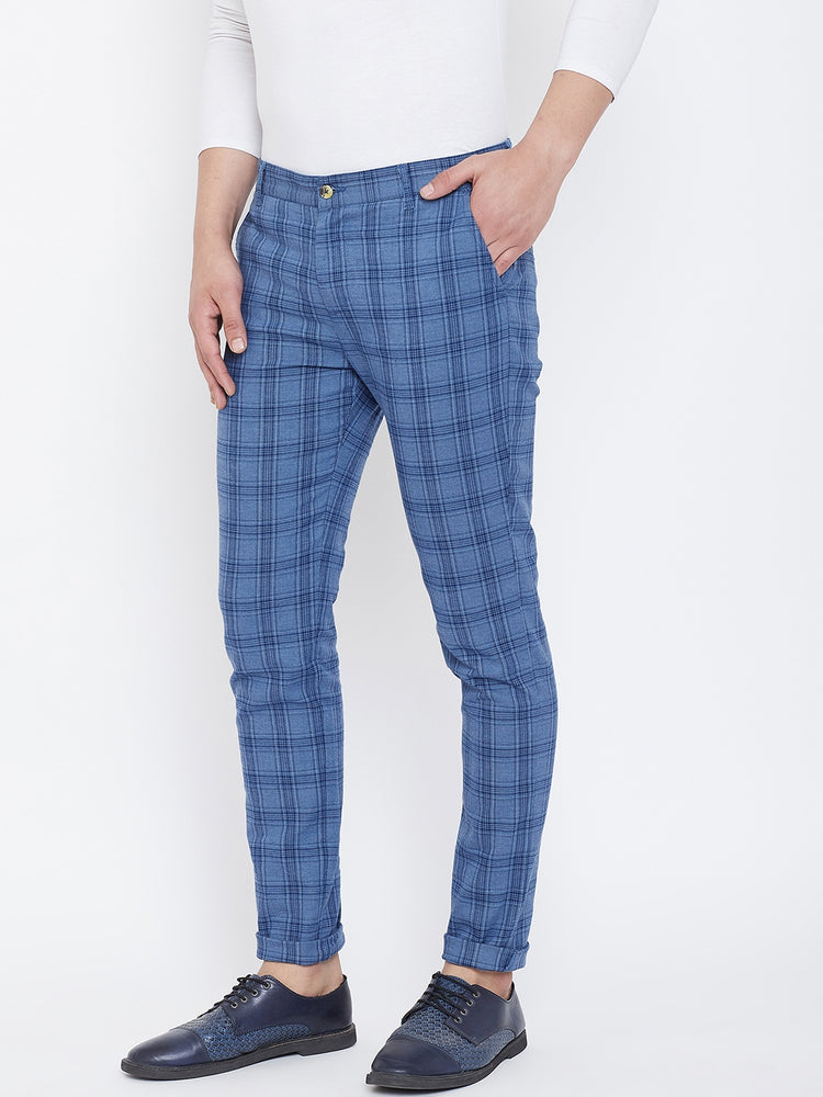 JUMP USA Men Blue Check Slim Fit Cotton Casual Trousers - JUMP USA