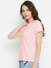 Women Pink Solid Casual Round Neck T-shirt - JUMP USA