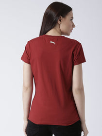 Women Red Solid Round Neck T-shirt - JUMP USA