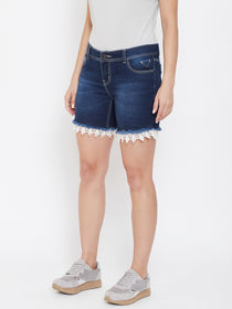 Women Dark Blue Cloud Wash Casual Denim Shorts - JUMP USA