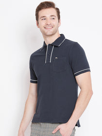 Men Navy Blue Solid Casual Polo T-shirts - JUMP USA