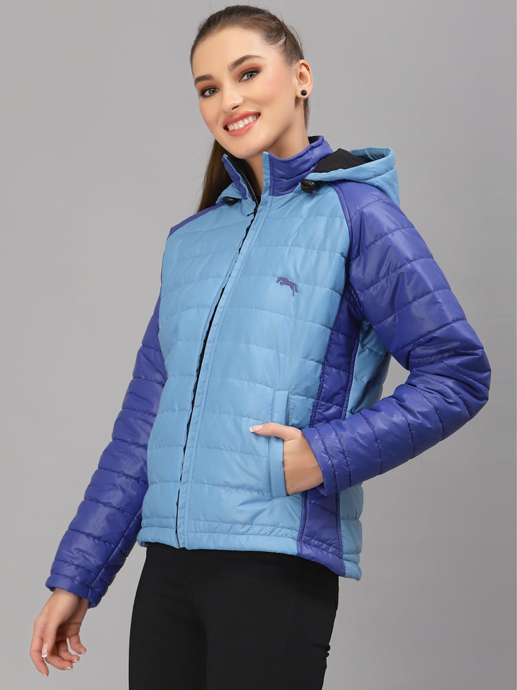 JUMP USA Women Sky Blue & Royal Blue Solid Active Wear Jacket With Hood