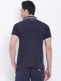 Men Casual Solid Navy Blue Polo Collar T-Shirt - JUMP USA