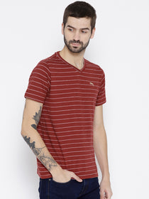 Men Red Striped V-Neck T-shirt - JUMP USA