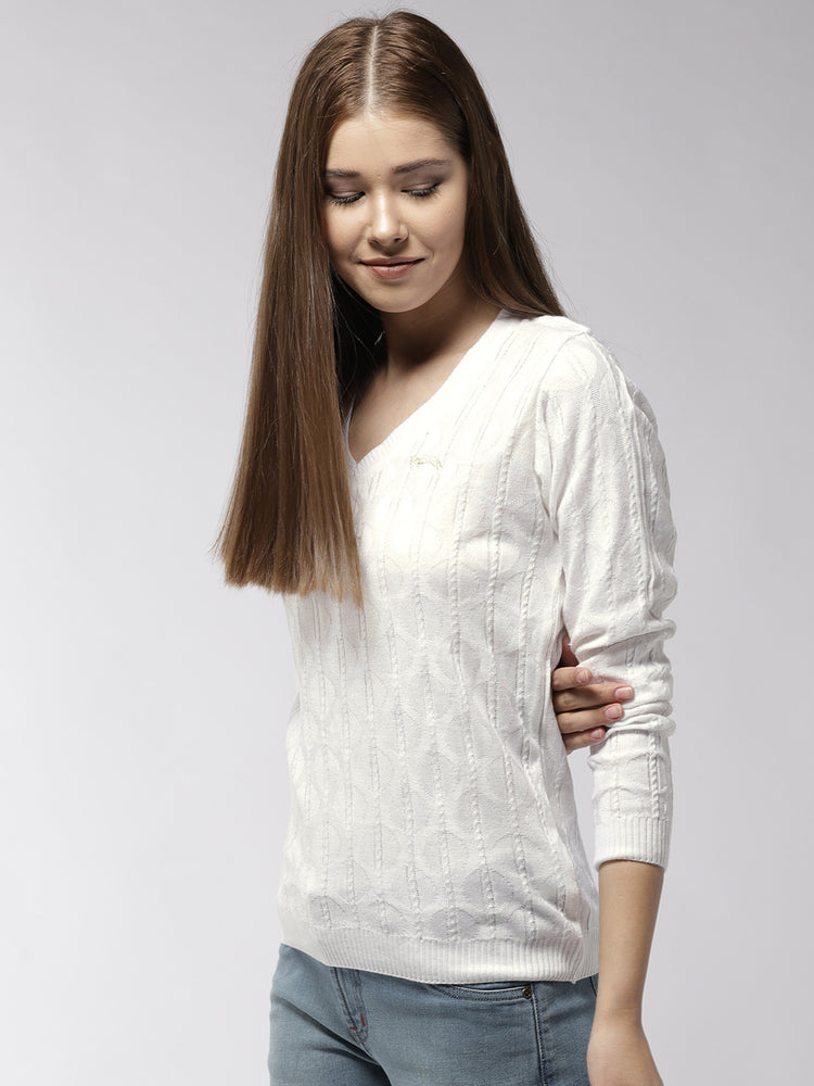 Women Self Design White Pullover - JUMP USA
