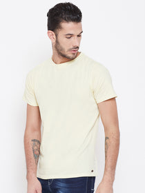 Men Beige Solid Round Neck T-shirt - JUMP USA