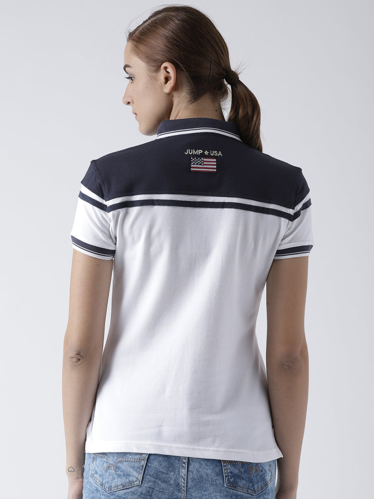 Women White and Navy Blue Polo T-shirt - JUMP USA