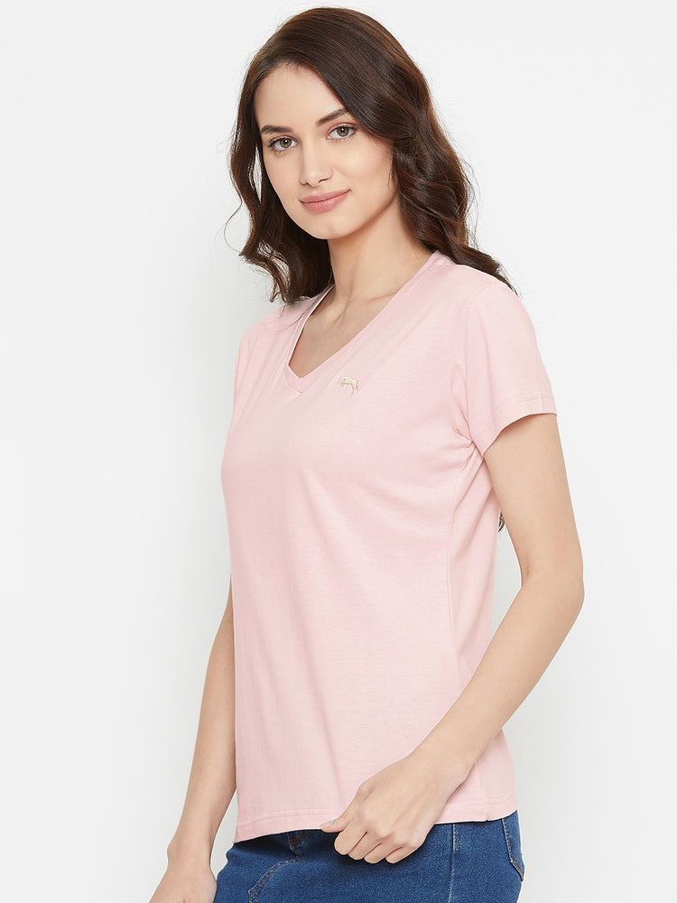 Women Pink Solid Casual V Neck T-shirt - JUMP USA