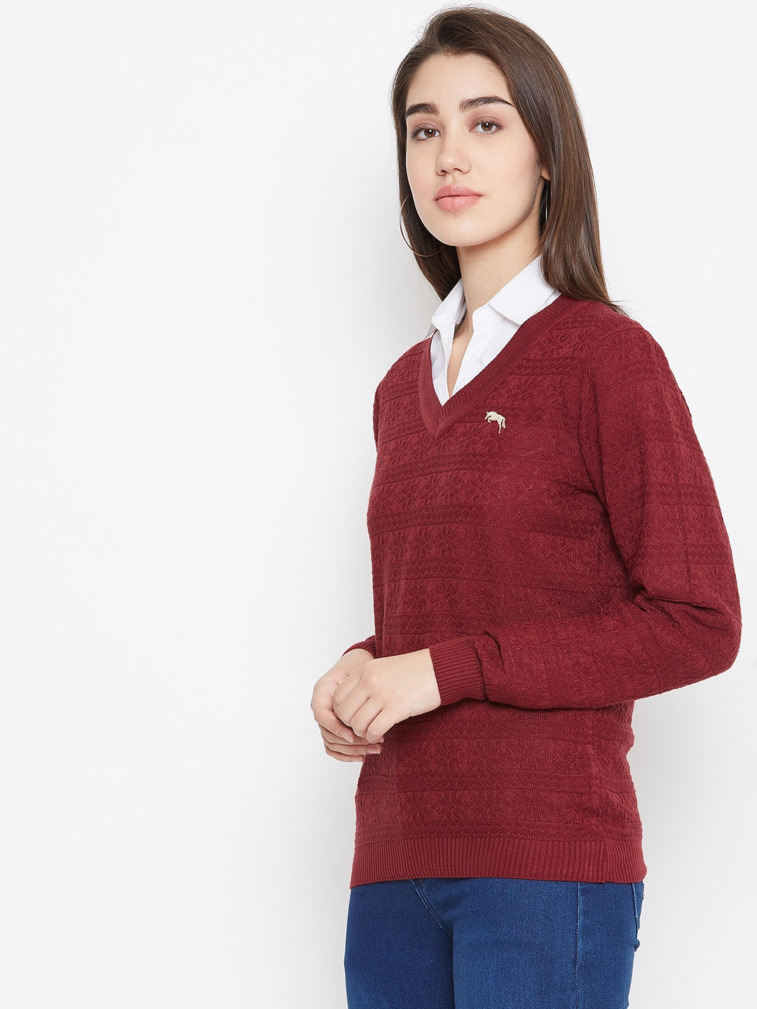 JUMP USA Women Red Self Design Sweater - JUMP USA