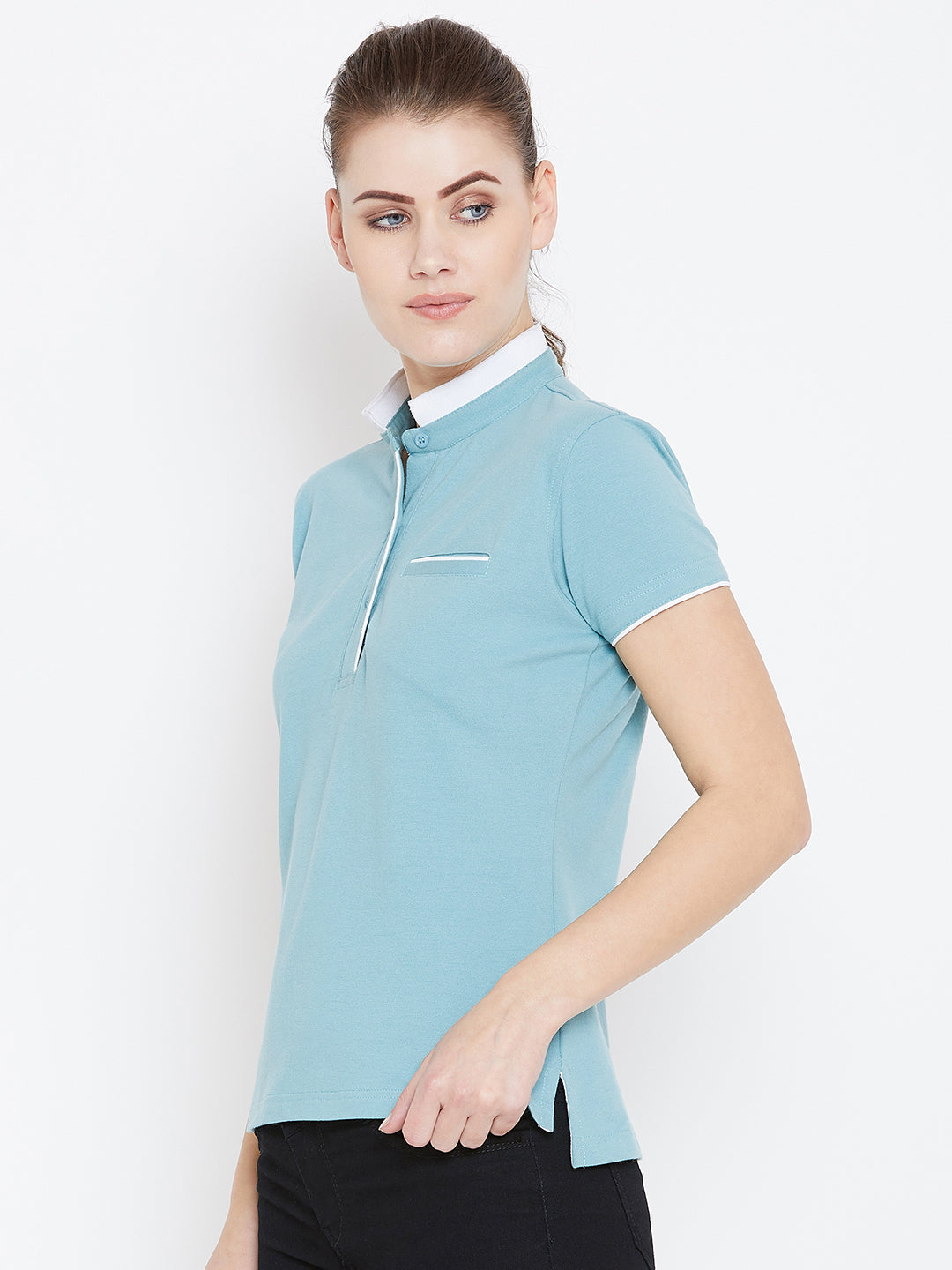 Women Blue Solid Casual Polo T-shirts - JUMP USA