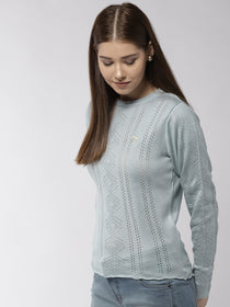 Women Solid Blue Pullover - JUMP USA