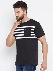 Men Black Striped Round Neck T-shirt - JUMP USA