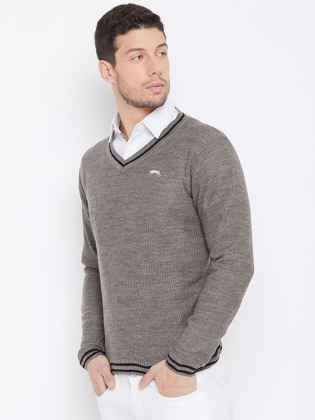 JUMP USA Men Beige Self Design Pullover - JUMP USA