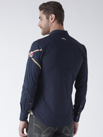Men Navy Blue Solid Cotton Regular Fit Shirt - JUMP USA