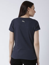 Women Navy Blue Solid Round Neck T-shirt - JUMP USA