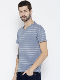 Men Blue Striped V-Neck T-shirt - JUMP USA