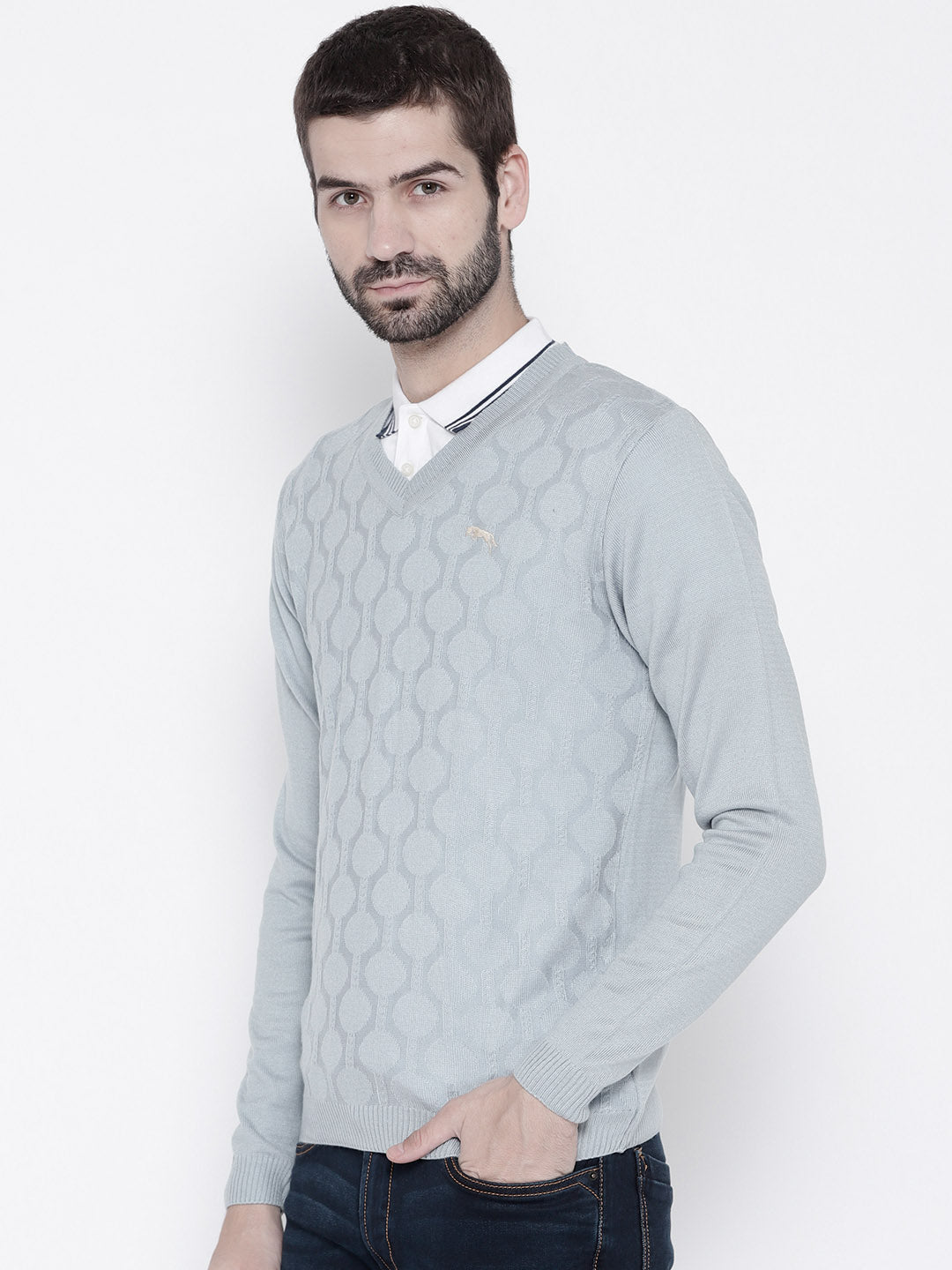 Men Blue Self Design Pullover - JUMP USA