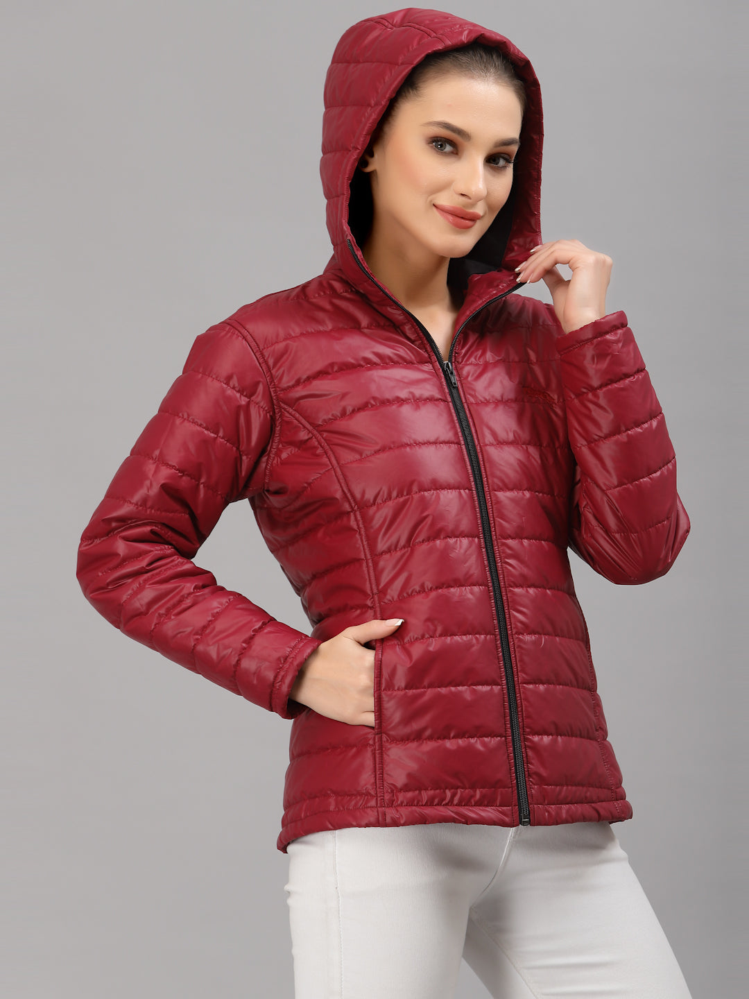 JUMP USA Women Maroon Solid Active Wear Jacket With Hood