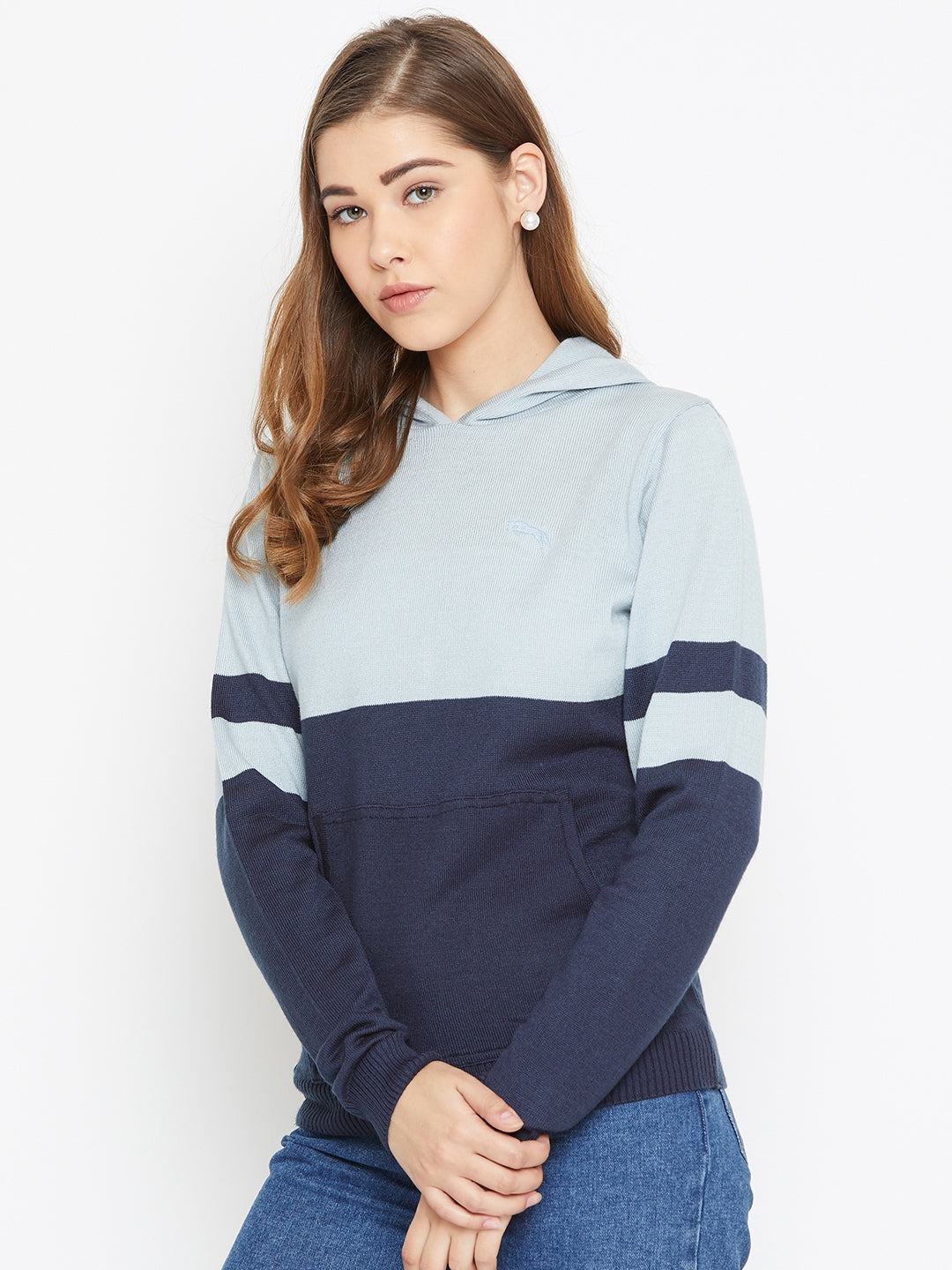JUMP USA Women Blue Colourblocked Hooded Sweater - JUMP USA