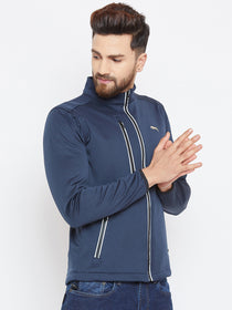Men Navy Blue Solid Sporty Jacket - JUMP USA