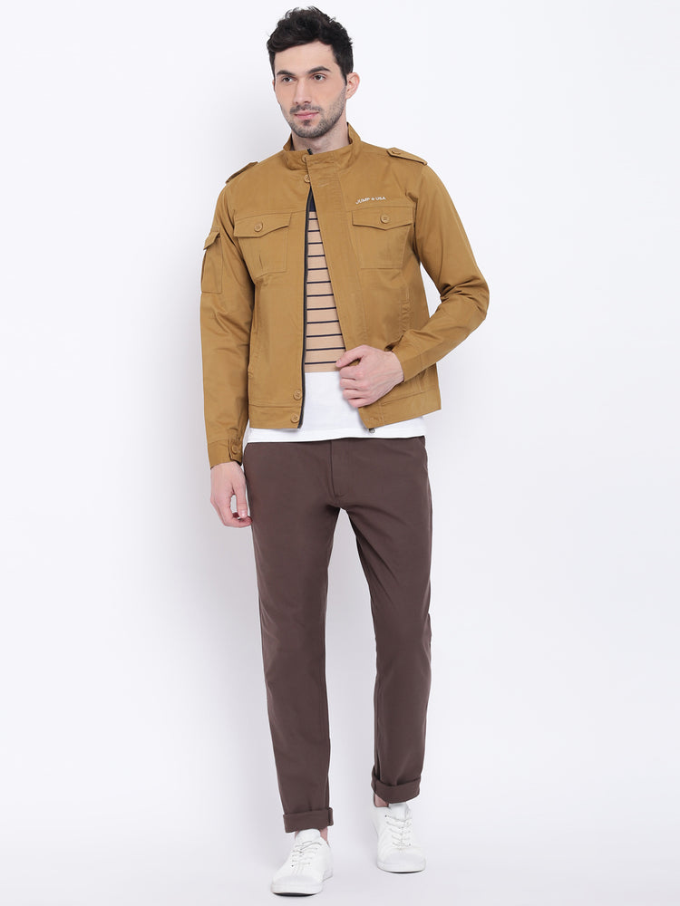Men Casual Solid Beige Tailored Jacket - JUMP USA