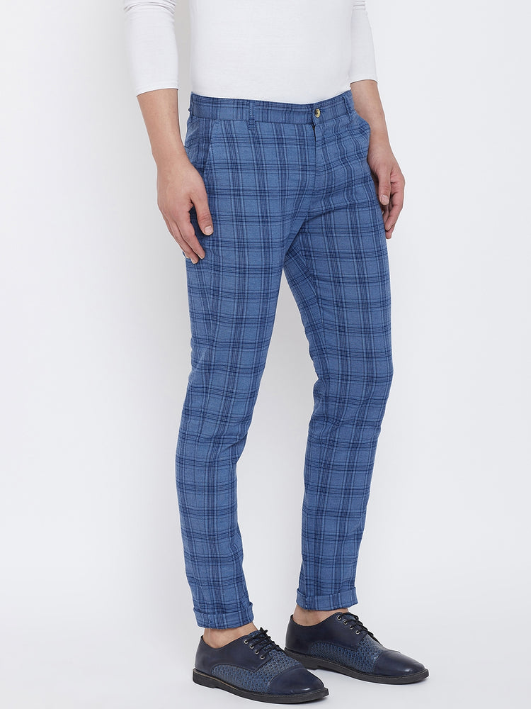JUMP USA Men Blue Check Slim Fit Cotton Casual Trousers