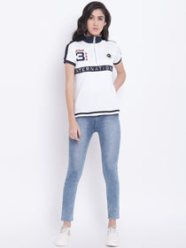 Women White Casual Polo Collar T-Shirt - JUMP USA
