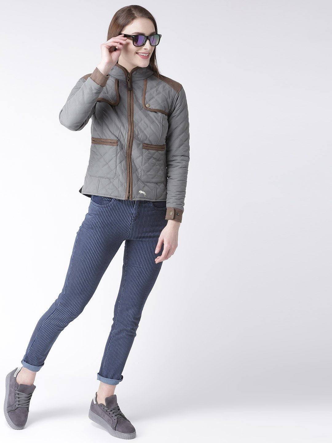 Women Polyster Casual Long Sleeve  Grey Winter Jacket - JUMP USA (1568775831594)