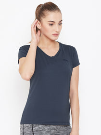 Women Navy Blue Active Wear V-neck T-shirt - JUMP USA