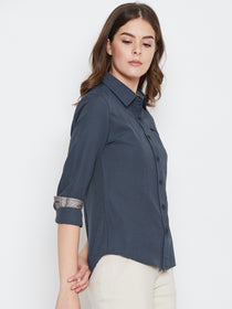 Women Navy Blue Solid Casual Slim Fit Shirt - JUMP USA
