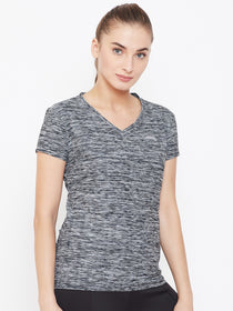 Women Black Solid Active Wear V Neck T-shirt - JUMP USA