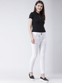 Women White Slim Fit Solid Casual Trousers - JUMP USA