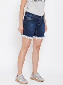 Women Dark Blue Cloud Wash Casual Denim Shorts - JUMP USA