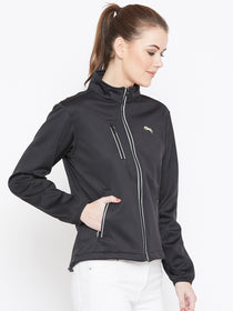 Women Black Solid Sporty Jacket - JUMP USA