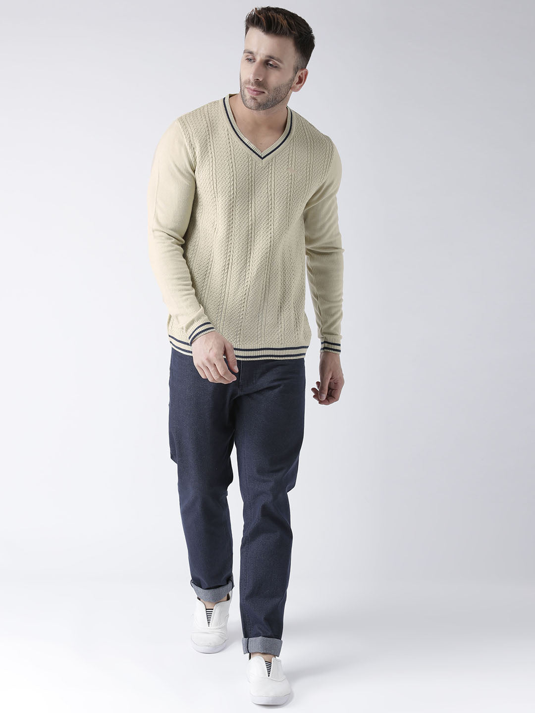 Men Beige self Design Pullover - JUMP USA