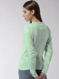 Women Solid Teal Pullover - JUMP USA